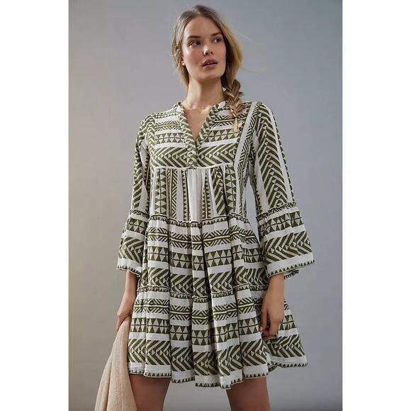 Devotion Twins Ella Cream Olive Embroidered 3/4 Sleeve Boho Coastal Mini Dress - Picture 1 of 14